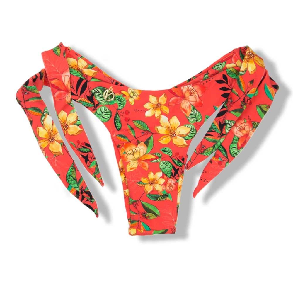 Mora Floral Coral Thong | Wide Tie on the Side