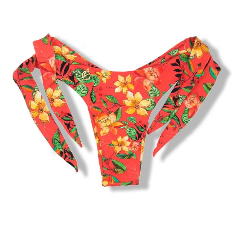 Mora Floral Coral Thong | Wide Tie on the Side
