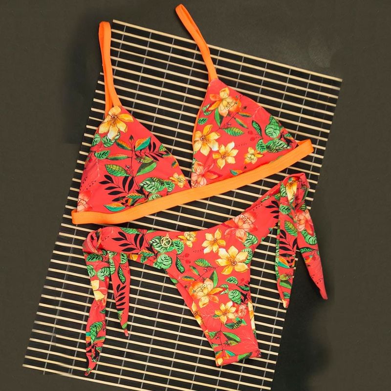 Bikini Set | Bandeau Top, Wide Side Tie Bottom | Brazilian Bikini | Floral Coral | Jade &amp; Mora KiniBi