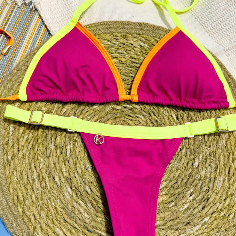 Conjunto de Bikini Pink Twist Bicolor | Mara Top + Tanga Fany