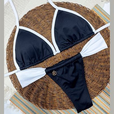 Bikini Set | Triangle Top, Slide Bikini Bottom  | Brazilian Bikini | White and Black Print | Mara &amp; Gali KiniBi