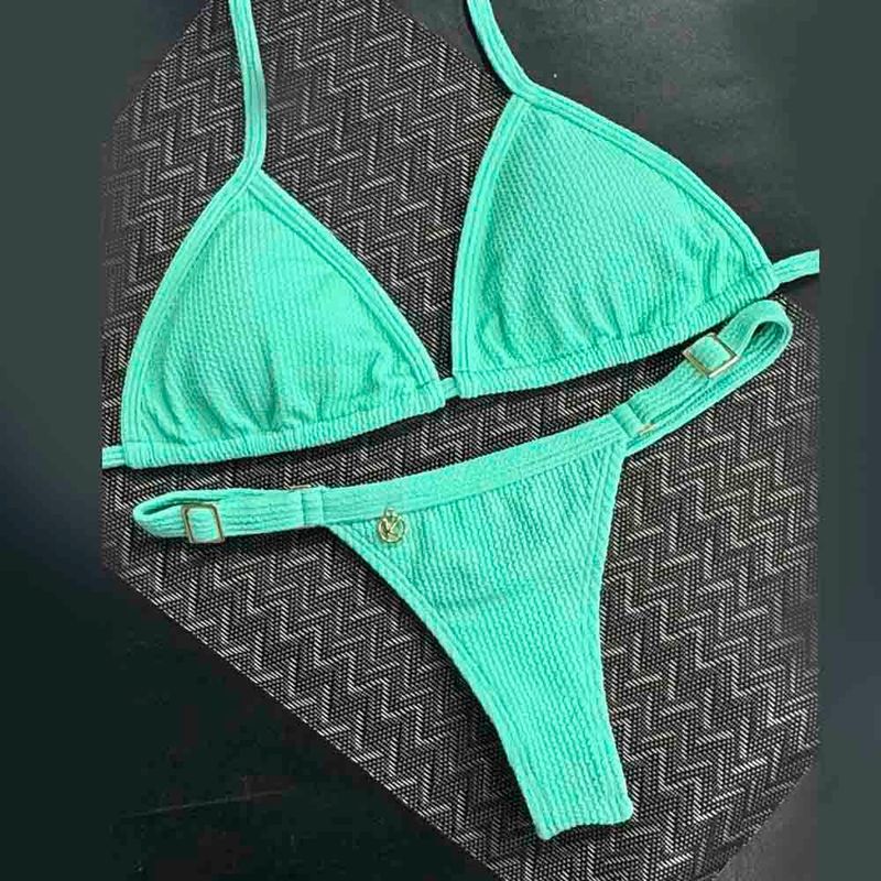 Conjunto de Bikini | Top Triángulo y Tanga Hilo Dental Fina | Bikini Brasileño | Tela Menta | Mara y Fany KiniBi