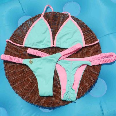 Conjunto de Bikini Verde Menta com Rosa Iogurte | Top Mila + Tanga Flora