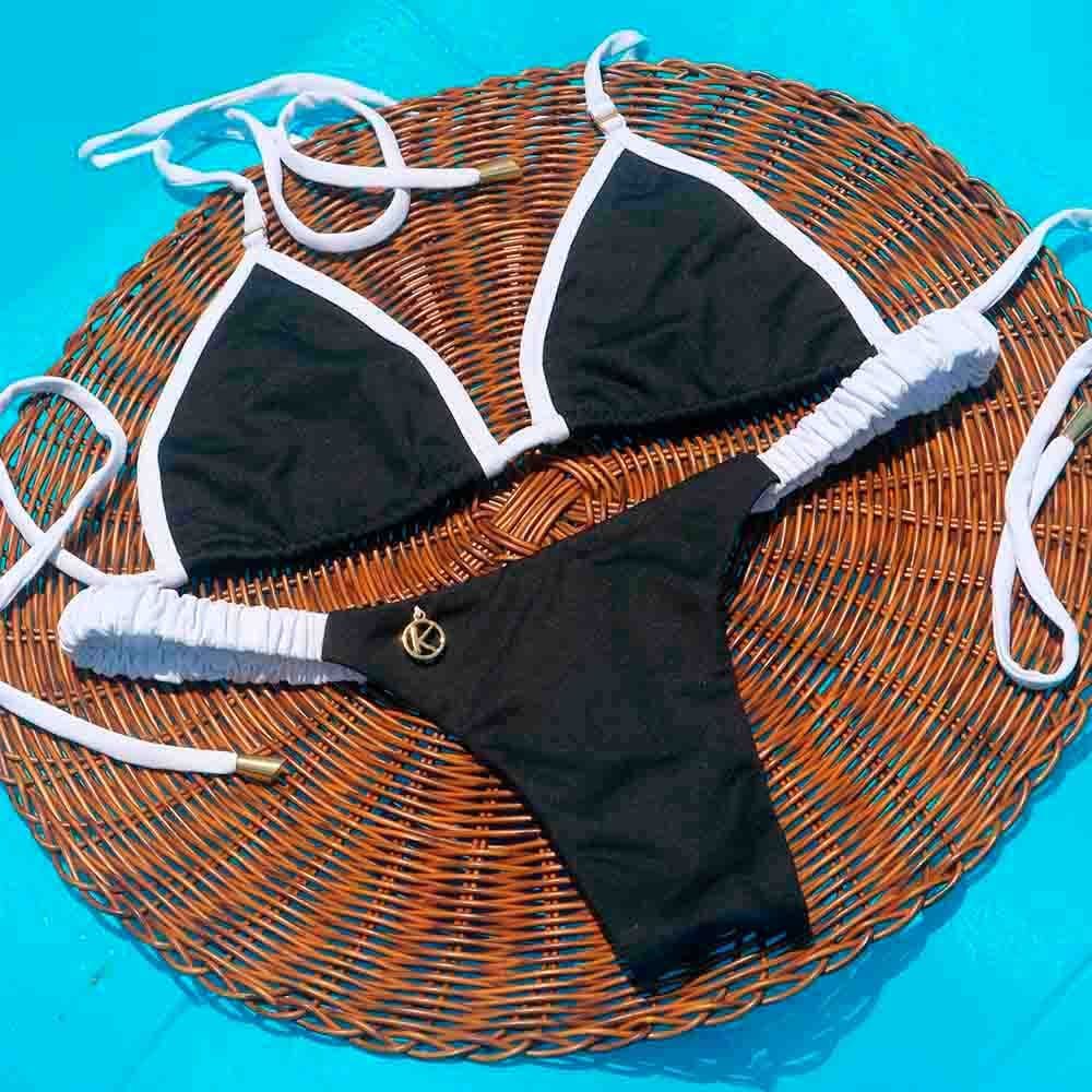 Bikini Set | Micro Triangle Top, Ruffled Thong | Brazilian Bikini | White and Black Print | Mila &amp; Flora KiniBi