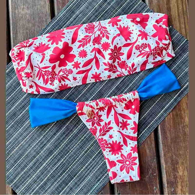 Bikini Set | Strapless Bandeau Top &amp; Slide Bikini Bottom | Brazilian Bikini | Scarlet Print | Bandeau &amp; Gali KiniBi