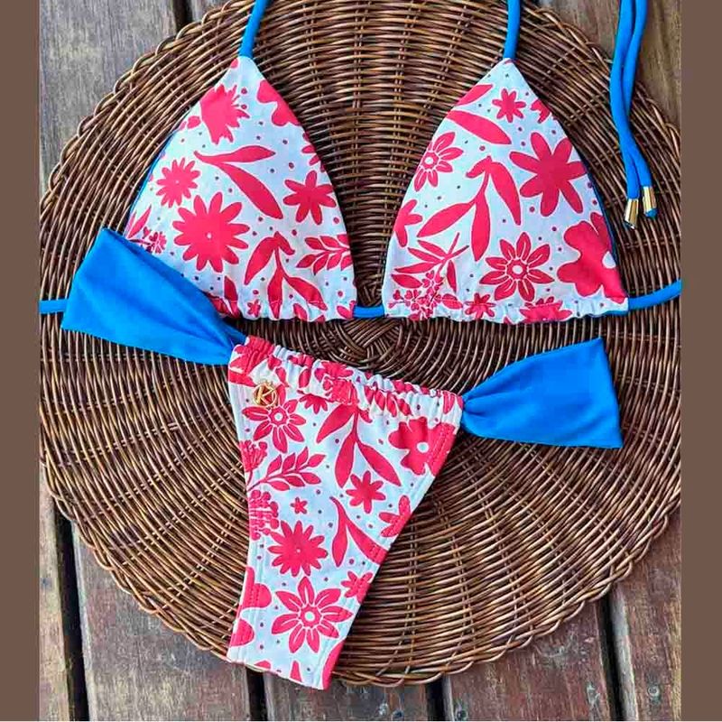 Bikini Set | Reversible Triangle Top, Slide Bikini Bottom | Brazilian Bikini | Scarlet Print | Lua &amp; Gali KiniBi