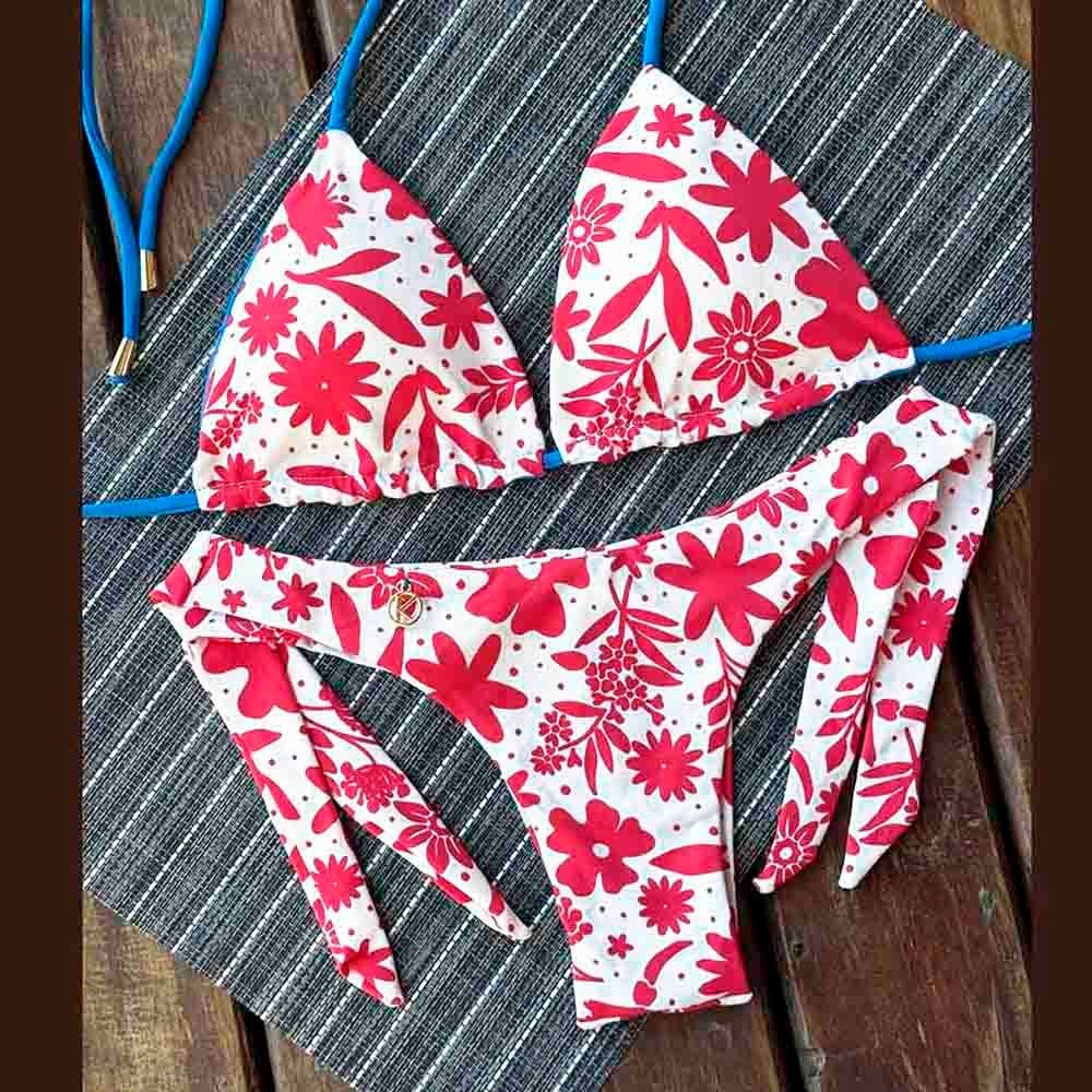 Bikini Set | Reversible Triangle Top, Wide Side Tie Bottom | Brazilian Bikini | Scarlet Print | Lua &amp; Mora KiniBi