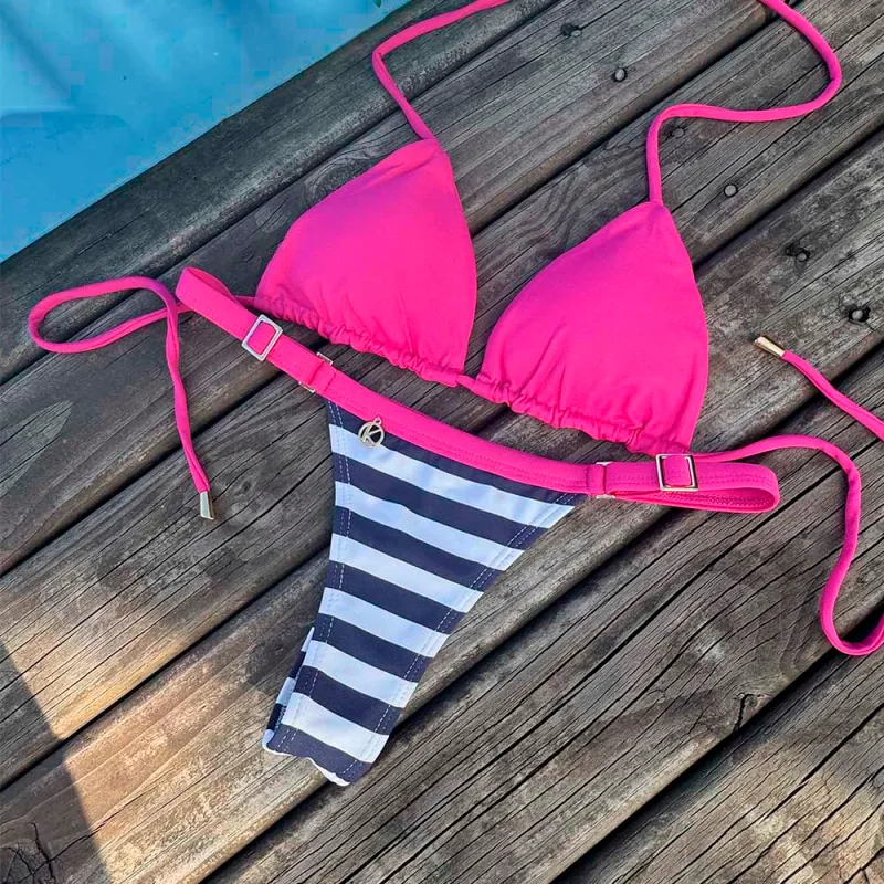 Pink and Nautic Pink Bikini Set | Lua Top + Fany Bikini Bottom | Reversible Top + Strap Bikini Bottom