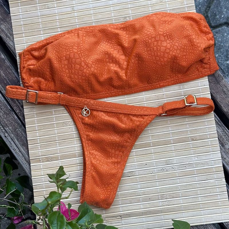 Bikini Set | Bandeau Top, Tiny Thong Bottom | Brazilian Bikini | Croco Sunset Print | Bandeau &amp; Fany KiniBi