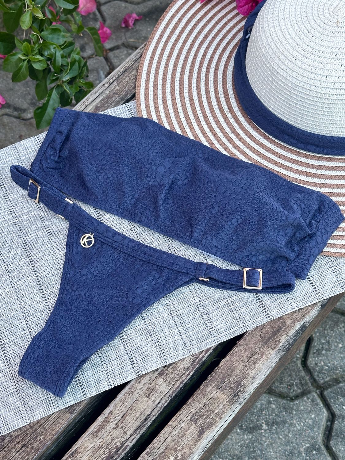 Bikini Set | Bandeau Top, Tiny Thong Bottom | Brazilian Bikini | Croco Marine Print | Bandeau &amp; Fany KiniBi