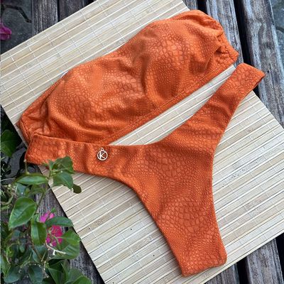 Bikini Set | Strapless Bandeau Top, V-Style Thong | Brazilian Bikini | Croco Sunset Print | Faixa &amp; Eva KiniBi