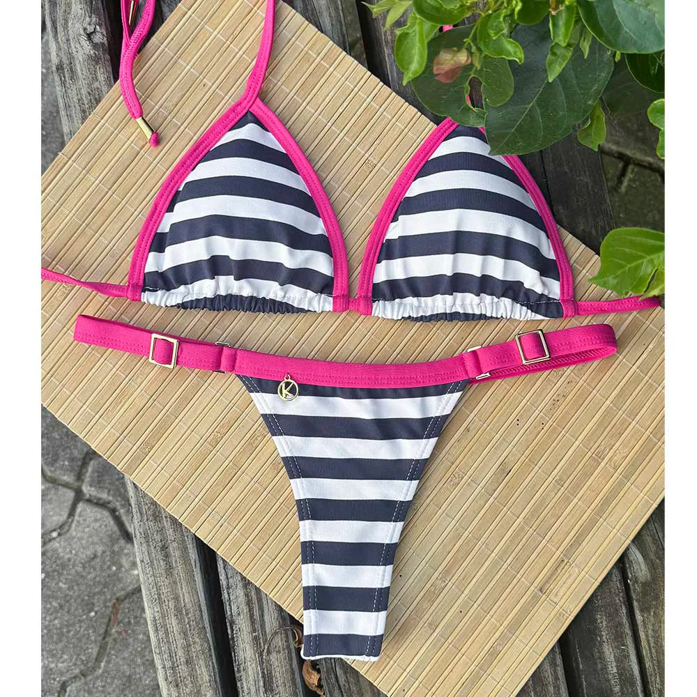 Nautic Pink Bikini Set | Mara Top + Fany Bikini Bottom | Triangle Top + Strap Bikini Bottom