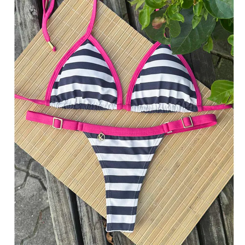 Nautic Pink Bikini Set | Mara Top + Fany Bikini Bottom | Triangle Top + Strap Bikini Bottom