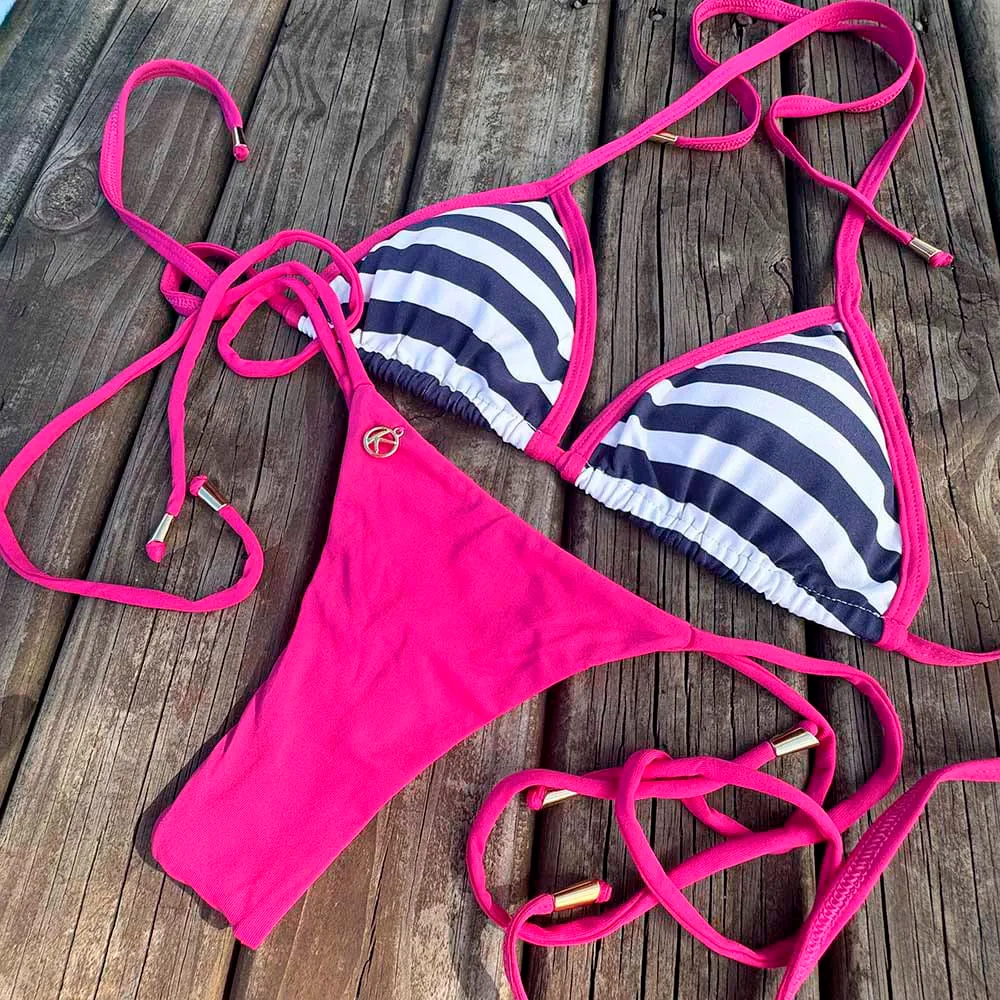 Nautic Pink Bikini Set | Mara Top + Cora Bikini Bottom | Triangle Top + Side Tie Bikini Bottom