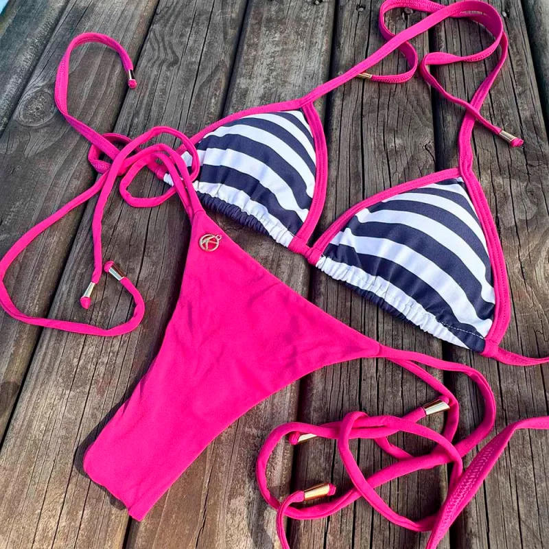 Nautic Pink Bikini Set | Mara Top + Cora Bikini Bottom | Triangle Top + Side Tie Bikini Bottom