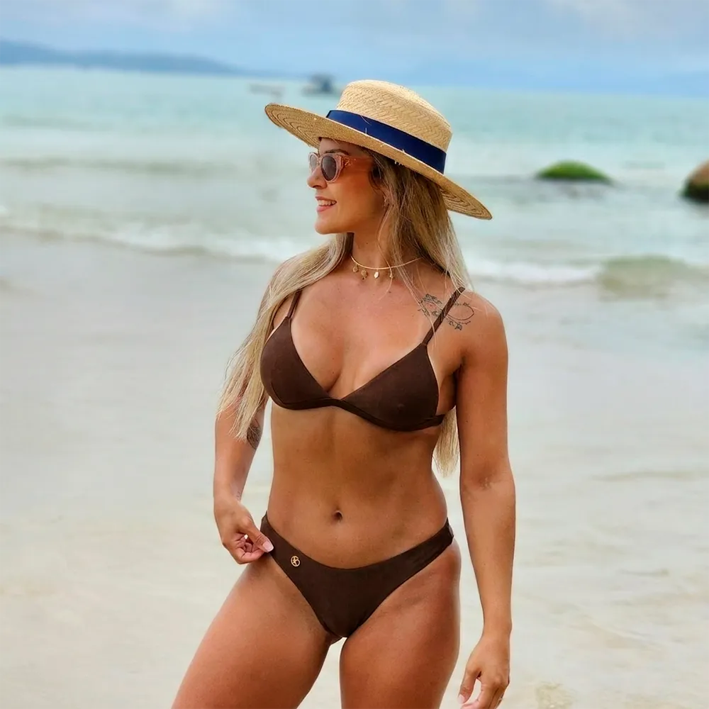 Bikini Set | Fixed Triangle Top &amp; Ruched Bottom | Brown Print | Jade &amp; Isa KiniBi