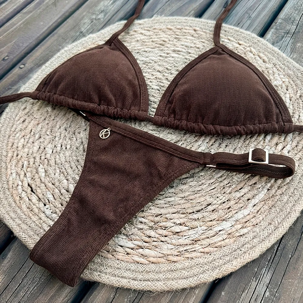 Bikini Set | Triangle Top &amp; String Tie Bottom | Brazilian Bikini | Brown Print | Mara &amp; Fany KiniBi