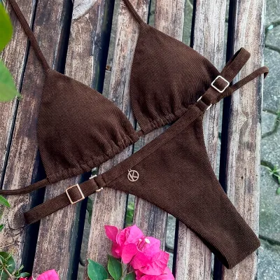 Bikini Set | Reversible Triangle Top &amp; String Thong Bottom | Brazilian Bikini | Brown Print | Lua &amp; Fany KiniBi