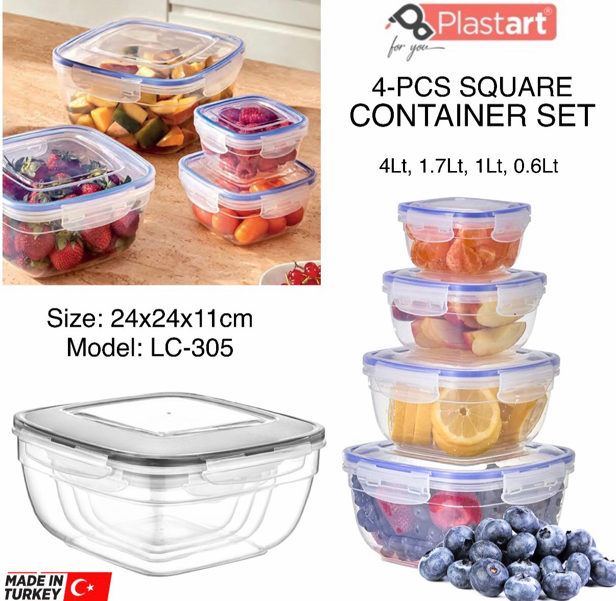 4-Pcs Square Containers (LC-305) (Buy1 Get 1 Free)