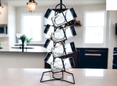 8 Pieces Glass Cruets Set with Metal Black Cover &amp; Stand