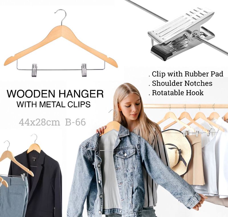 Wooden Hanger With Clips (B-66)