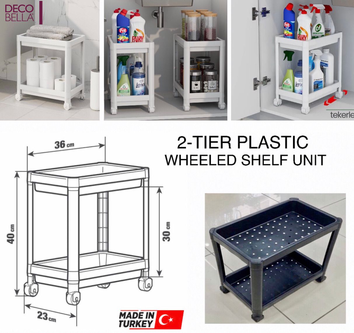 2-Tier Wheeled Shelf (White)