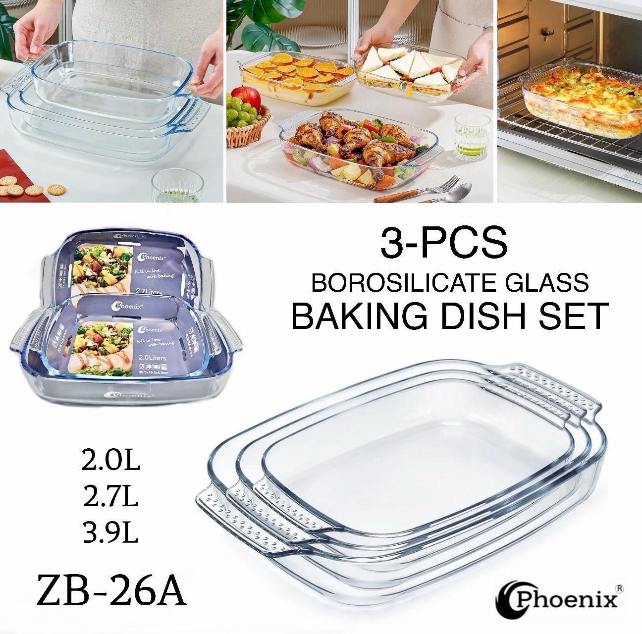 3-Pcs Rect. Glass Dishes (ZB-26A)