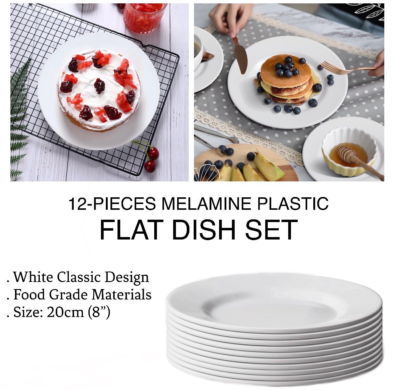 12-Pcs 8” Melamine Flat Dishes (White)