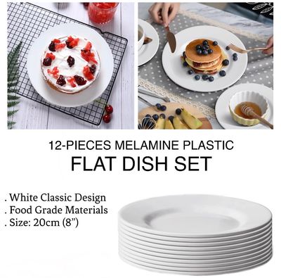 12-Pcs 8” Melamine Flat Dishes (White)