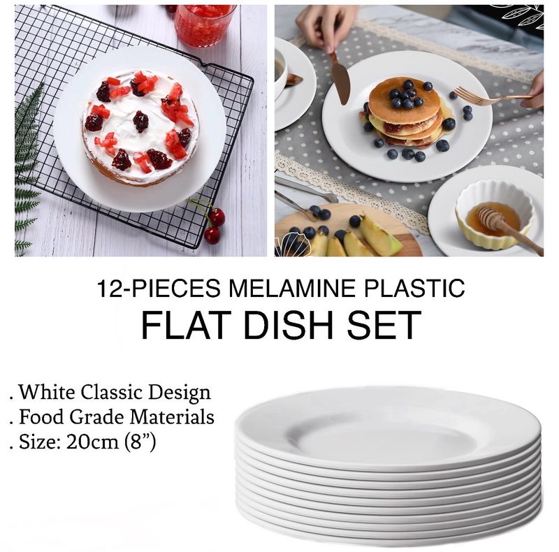 12-Pcs 8” Melamine Flat Dishes (White)