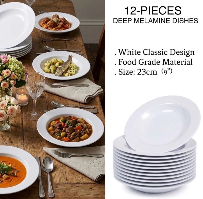 12-Pcs 9” Melamine Deep Dishes (White)