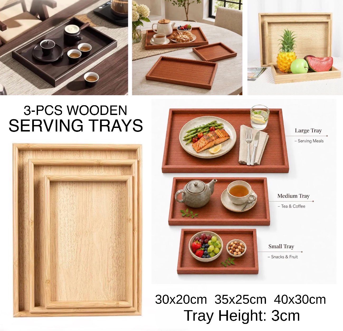 3-Pcs Wooden Trays