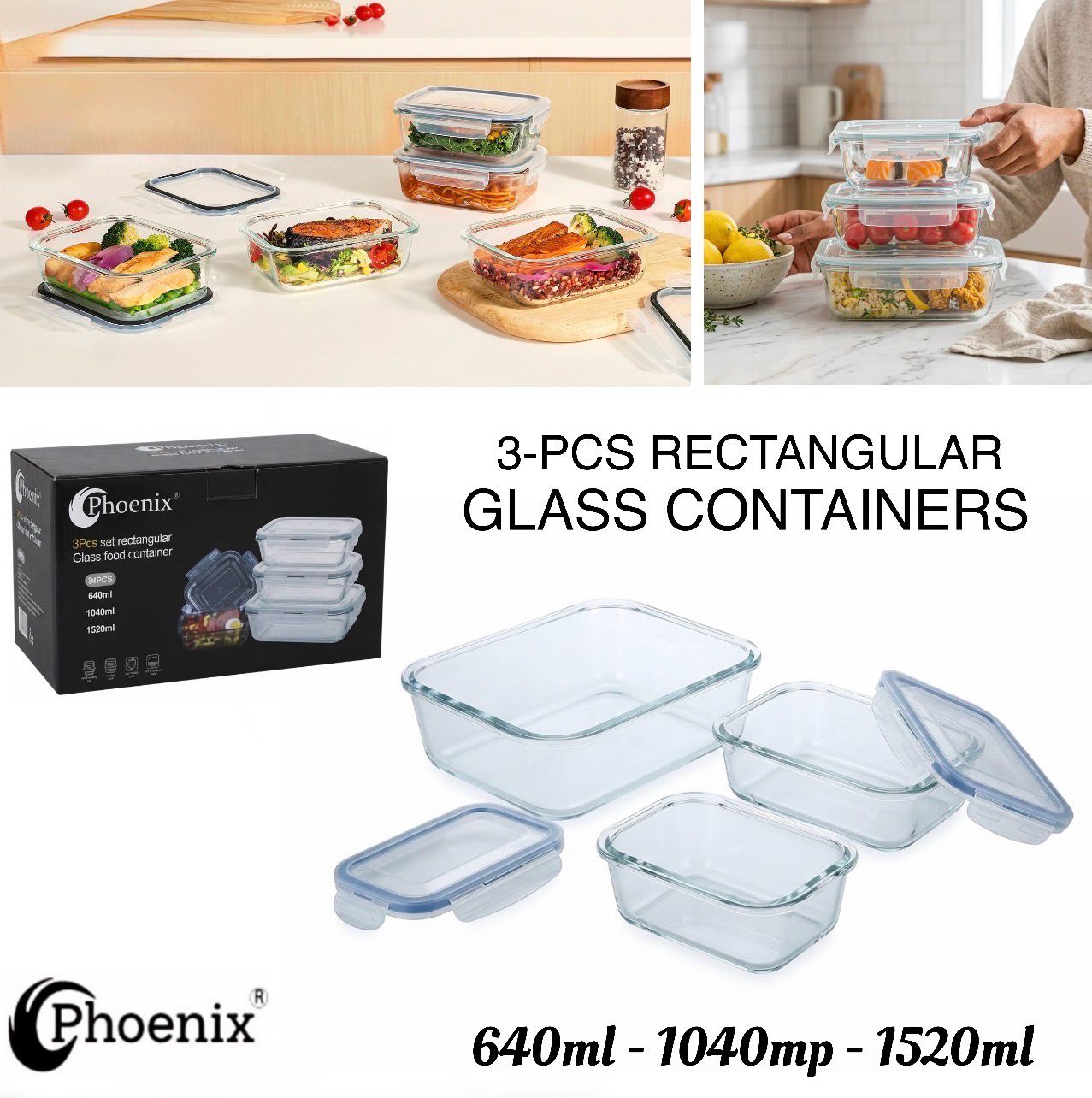3-Pcs Rect. Glass Containers