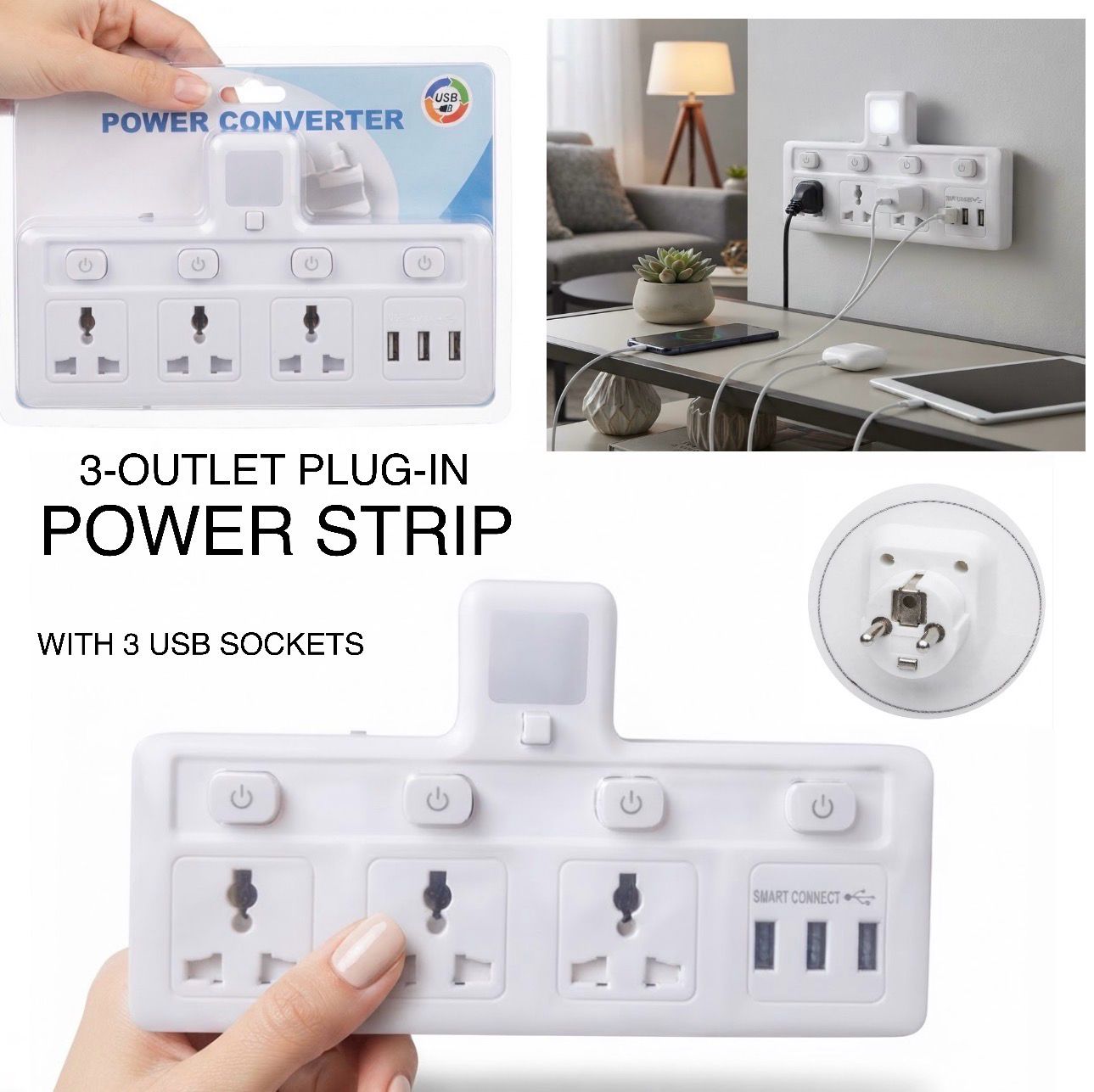 3-Outlet Plug-In Power Strip