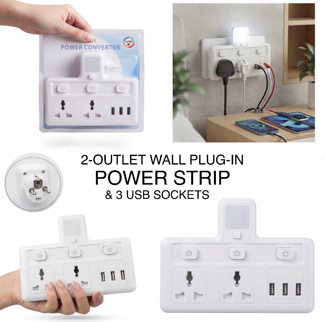2-Outlet Plug-In Power Strip