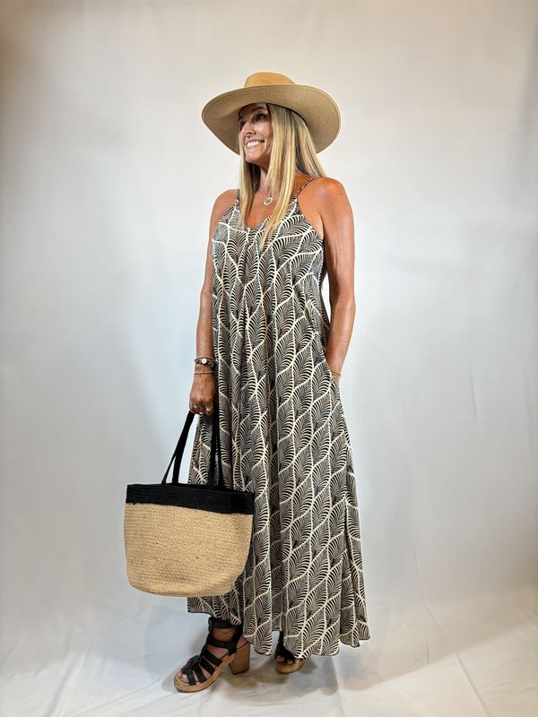 BLACK/TAN LEAF PRINT V-NECK STRAP DRESS