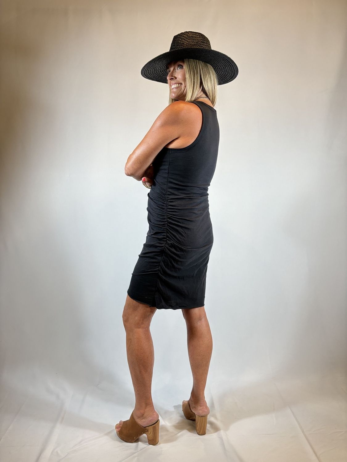 BLACK COTTON SIDE RUCHED TANK DRESS