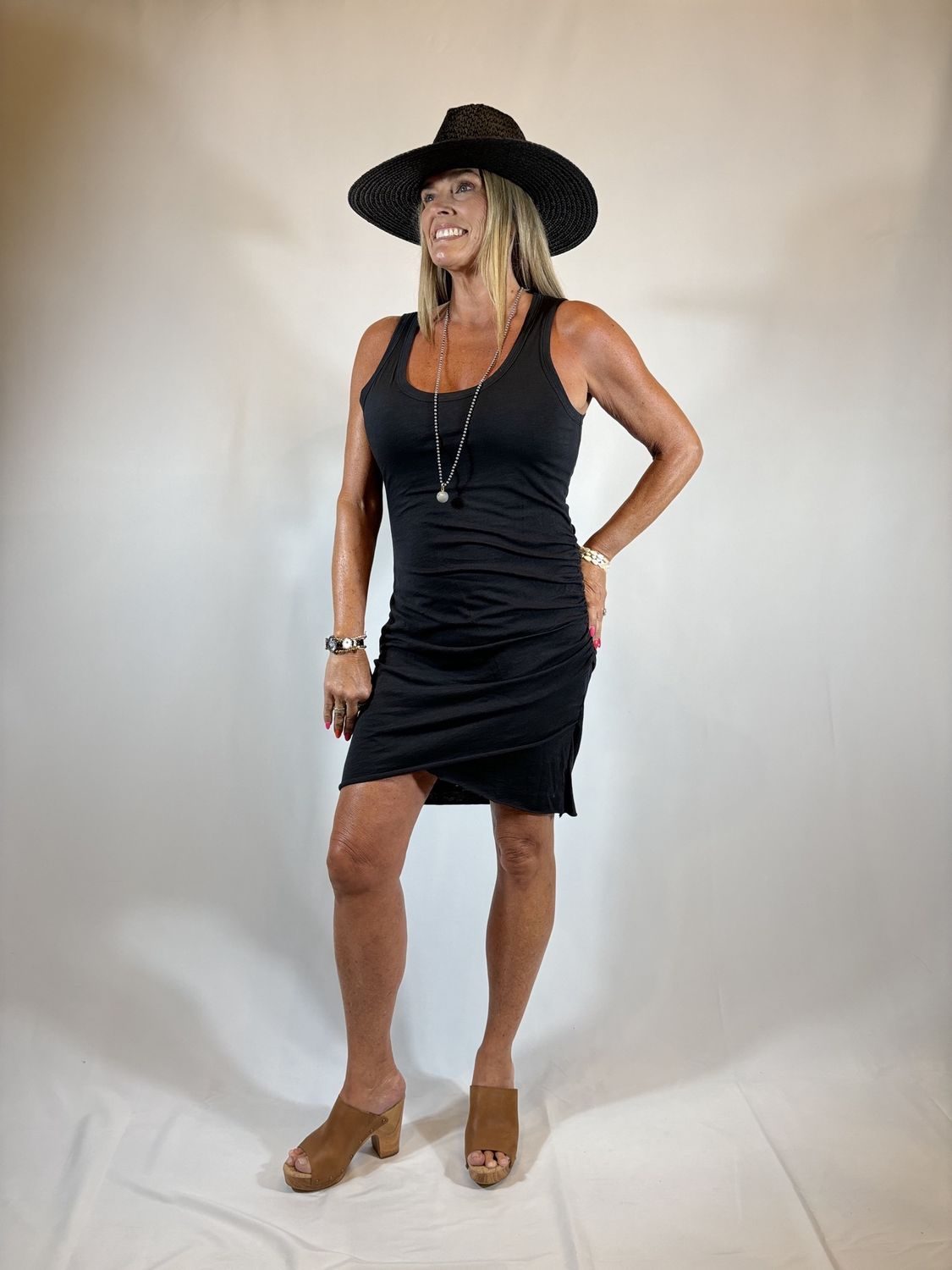 BLACK COTTON SIDE RUCHED TANK DRESS