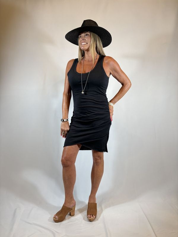 BLACK COTTON SIDE RUCHED TANK DRESS