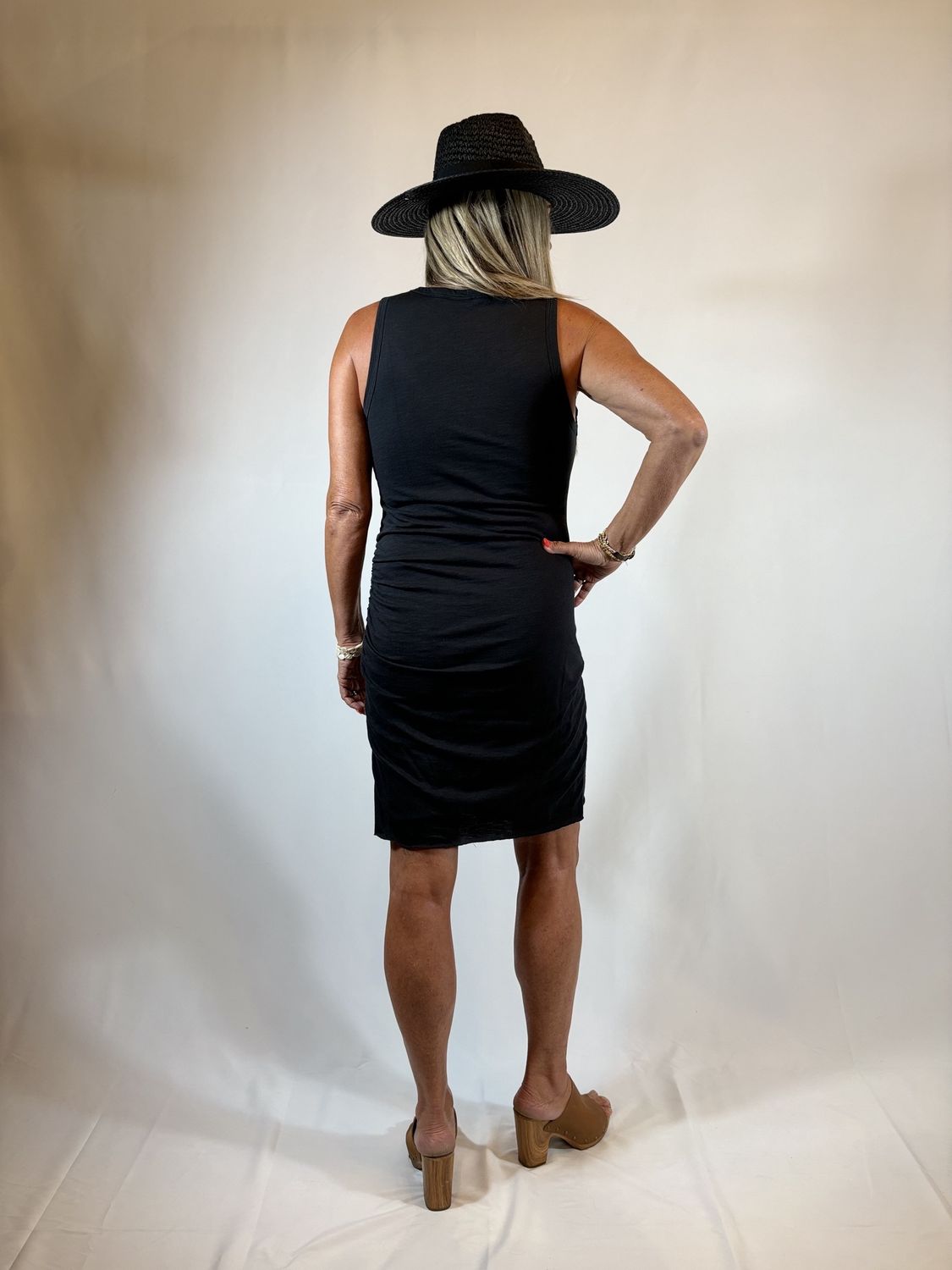 BLACK COTTON SIDE RUCHED TANK DRESS