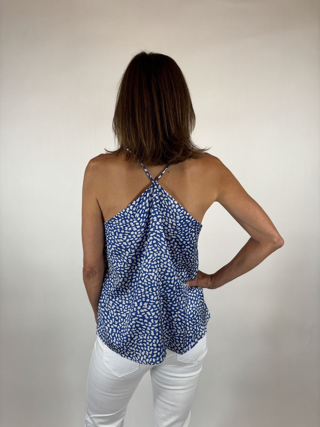 BLUE/WHITE SKINNY STRAP SANTIN TOP