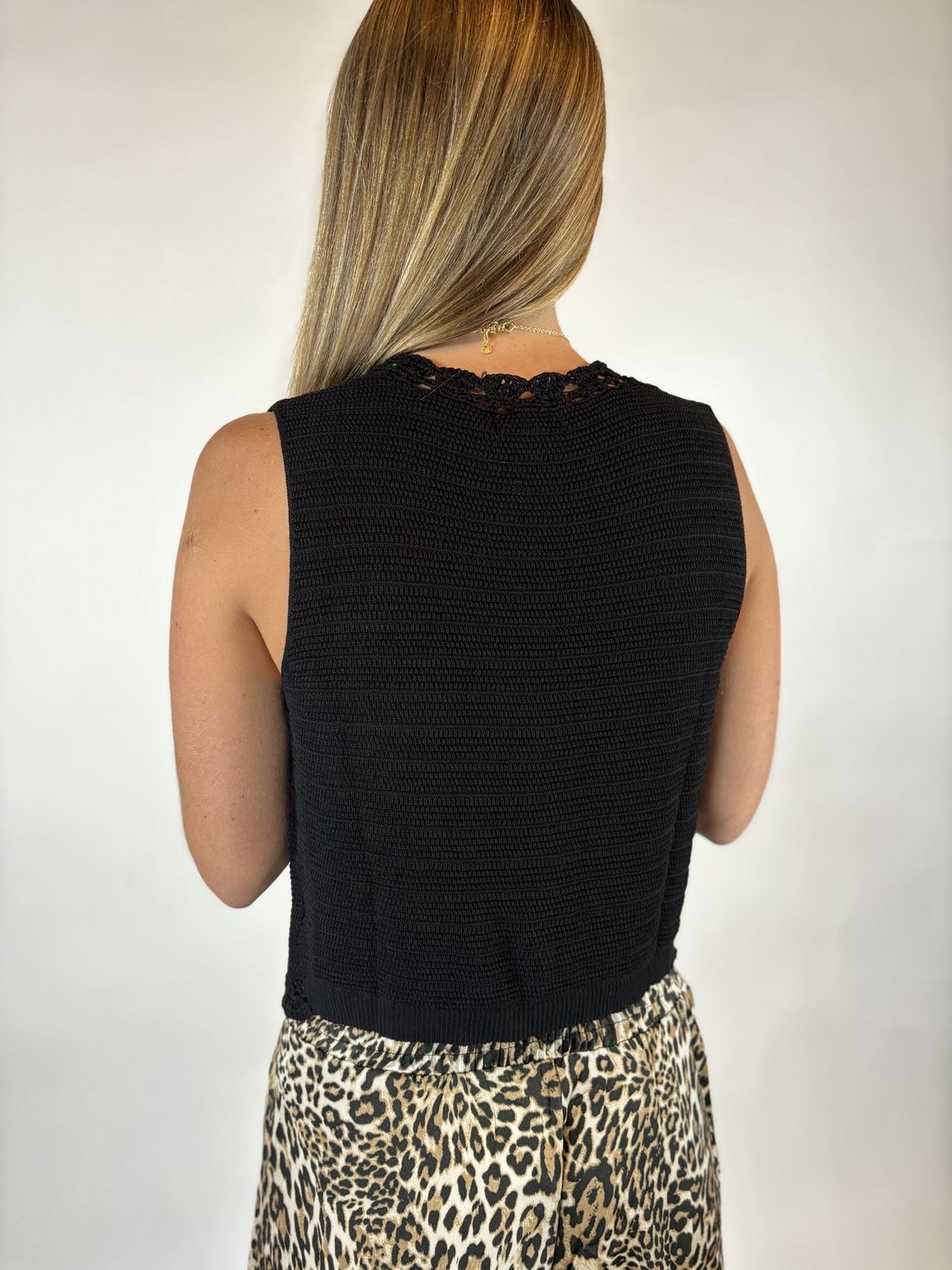 BLK-CROCHET BUTTON DOWN SWEATER VEST