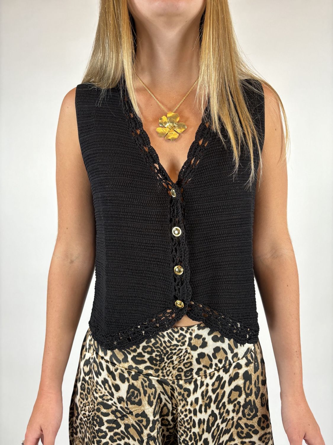 BLK-CROCHET BUTTON DOWN SWEATER VEST