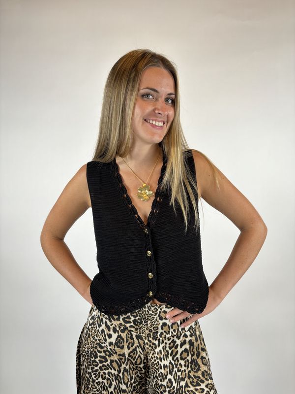BLK-CROCHET BUTTON DOWN SWEATER VEST