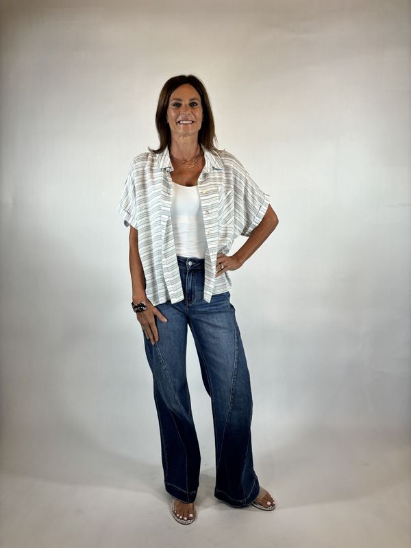 GREY/WHITE STRIP 1/2SLV SHIRT
