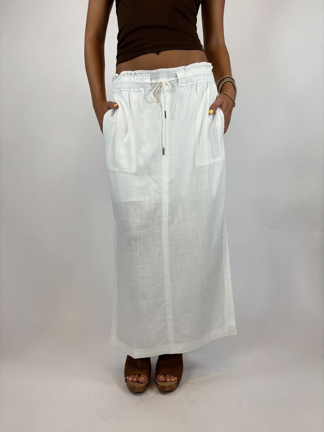 WHITE LINEN SKIRT MIDI W/SLITS