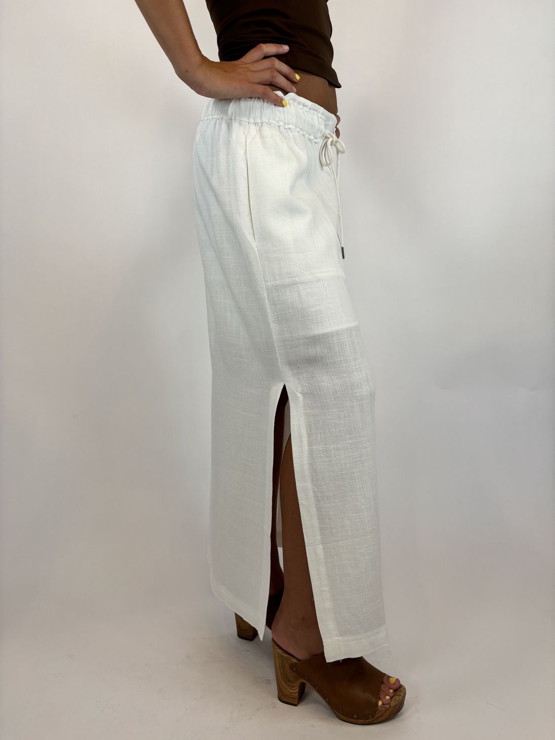 WHITE LINEN SKIRT MIDI W/SLITS