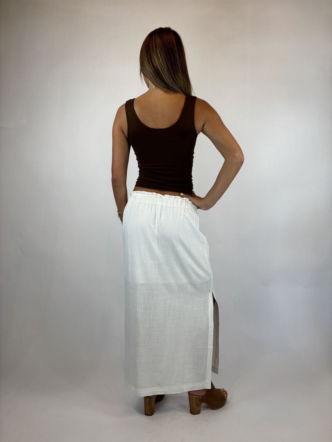 WHITE LINEN SKIRT MIDI W/SLITS
