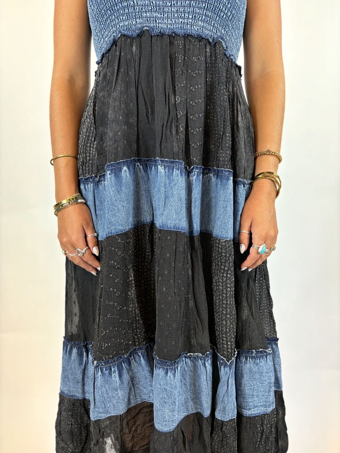 SPEGGI STRAP DENIM CHARCOAL MID LENGTH DRESS