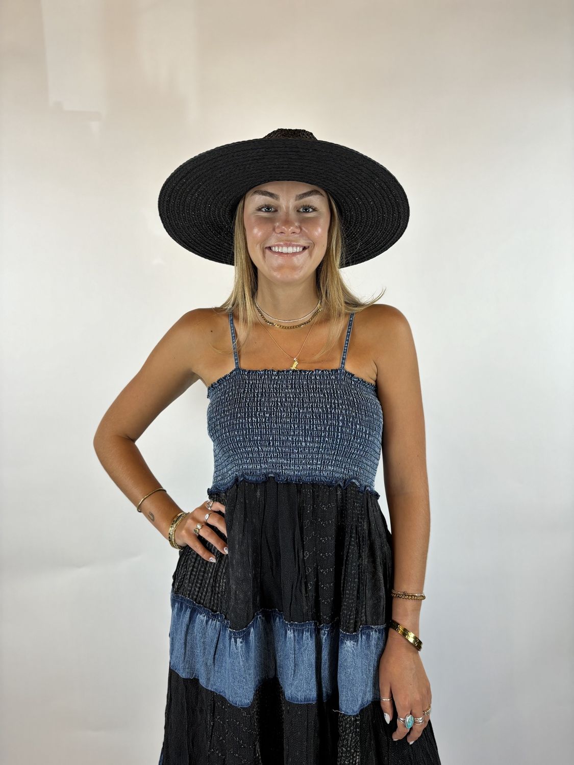 SPEGGI STRAP DENIM CHARCOAL MID LENGTH DRESS
